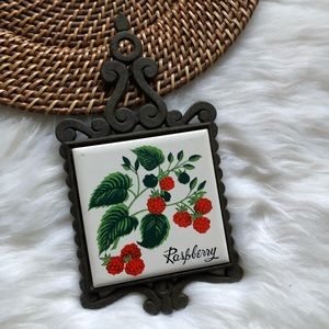 Cast Iron Ceramic Trivet Vintage Raspberry Flower